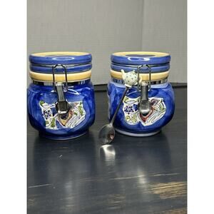 Set Of 2 Handpainted Texture Ceramic Storage Canister Sealed Lid. W/ Decor Spoon